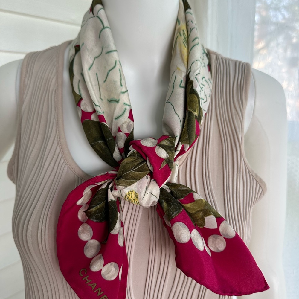 Authentic Chanel scarf wrap shawl with white Camellia flowers and pearls